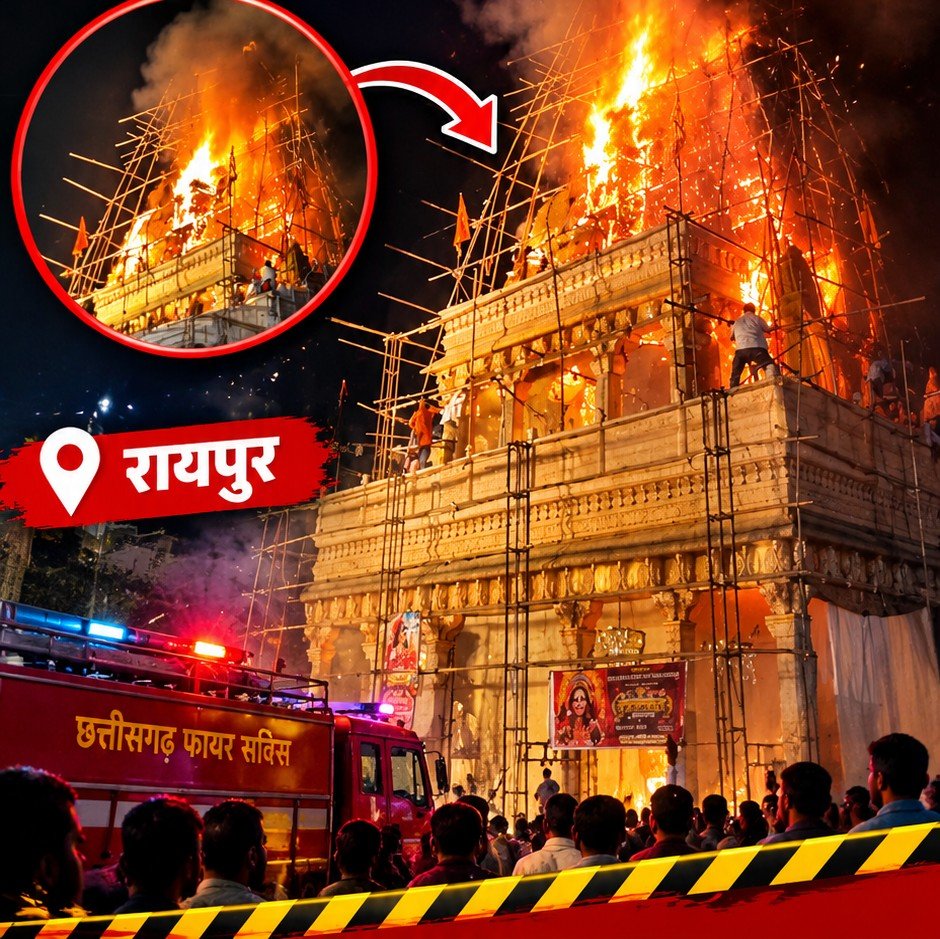 रायपुर: दुर्गा पूजा पंडाल में आतिशबाजी की चिंगारी से लगी आग, पूरी थीम जलकर हुई खाक